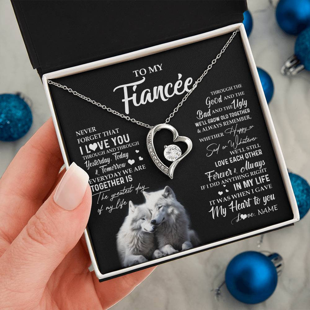 Forever Love Necklace 14K White Gold Finish | 2 | Personalized To My Fiancée Necklace From Fiancé Wolf Never Forget That I Love You Fiancée Birthday Valentine Day Christmas Customized Gift Box Message Card | teecentury