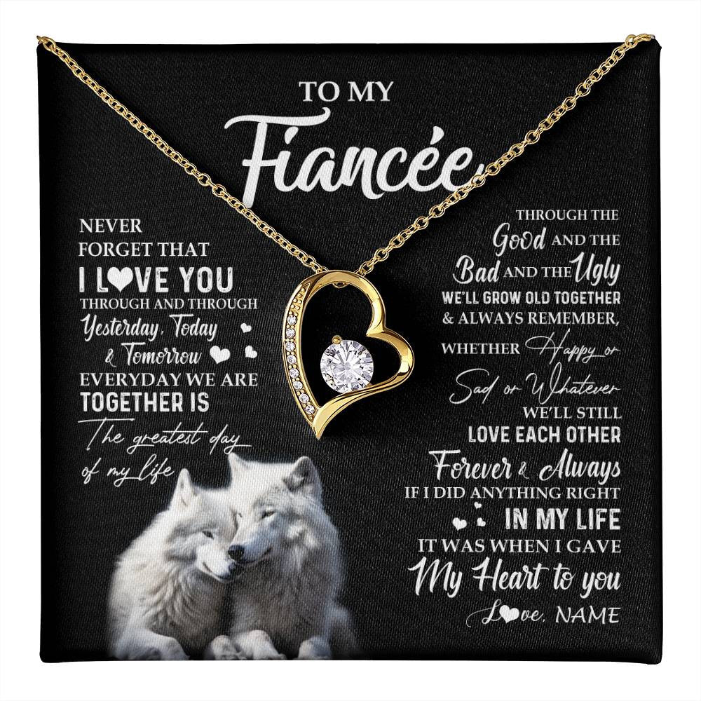Forever Love Necklace 18K Yellow Gold Finish | 1 | Personalized To My Fiancée Necklace From Fiancé Wolf Never Forget That I Love You Fiancée Birthday Valentine Day Christmas Customized Gift Box Message Card | teecentury