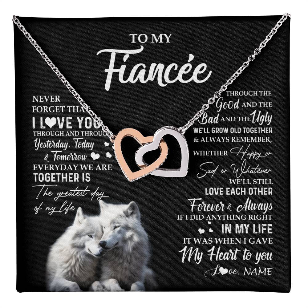 Interlocking Hearts Necklace Stainless Steel & Rose Gold Finish | 1 | Personalized To My Fiancée Necklace From Fiancé Wolf Never Forget That I Love You Fiancée Birthday Valentine Day Christmas Customized Gift Box Message Card | teecentury