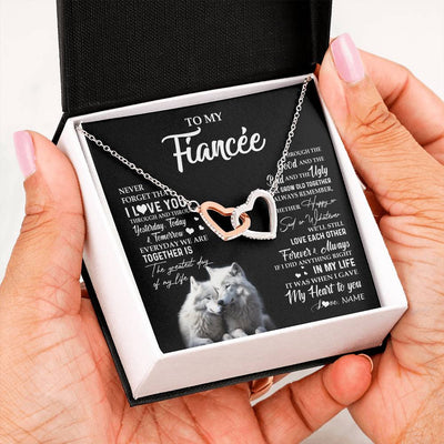 Interlocking Hearts Necklace Stainless Steel & Rose Gold Finish | 2 | Personalized To My Fiancée Necklace From Fiancé Wolf Never Forget That I Love You Fiancée Birthday Valentine Day Christmas Customized Gift Box Message Card | teecentury