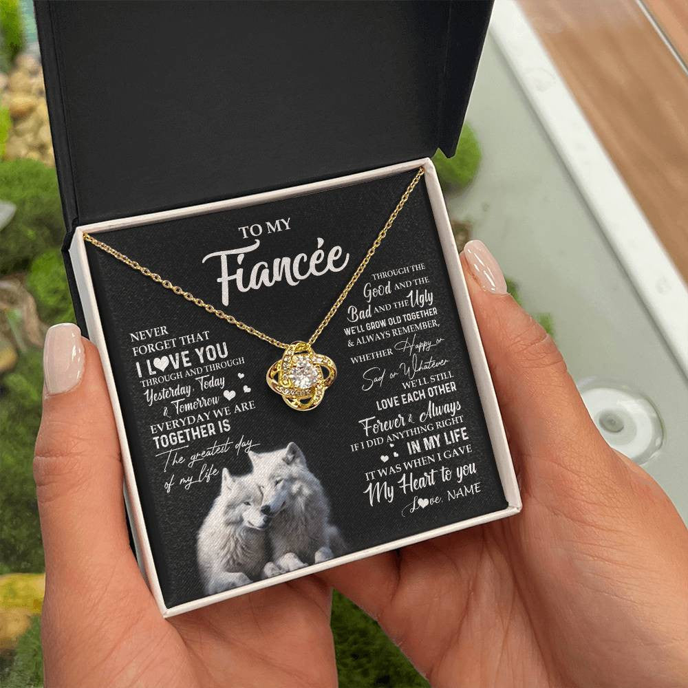 Love Knot Necklace 18K Yellow Gold Finish | 2 | Personalized To My Fiancée Necklace From Fiancé Wolf Never Forget That I Love You Fiancée Birthday Valentine Day Christmas Customized Gift Box Message Card | teecentury