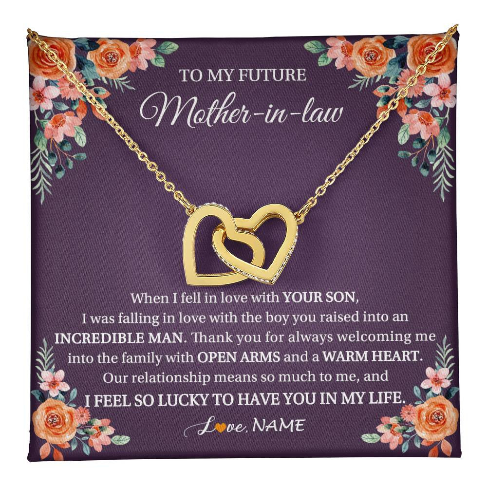 Interlocking Hearts Necklace 18K Yellow Gold Finish | 1 | Personalized To My Future Mother In Law Necklace Thank You Mother Of The Groom Boyfriend's Mom Wedding Day Birthday Christmas Jewelry Gift Box Message Card | teecentury
