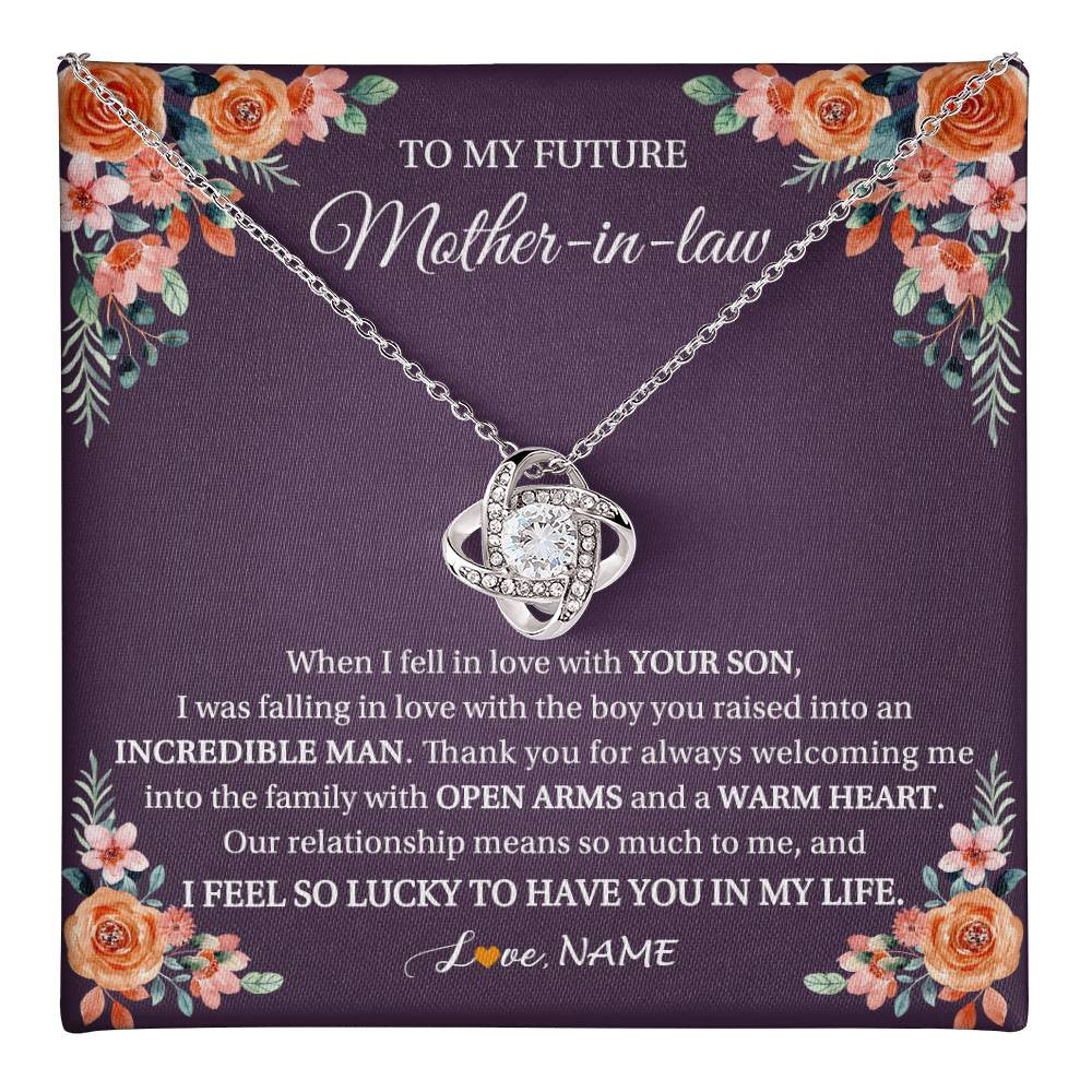 Love Knot Necklace 14K White Gold Finish | 1 | Personalized To My Future Mother In Law Necklace Thank You Mother Of The Groom Boyfriend's Mom Wedding Day Birthday Christmas Jewelry Gift Box Message Card | teecentury