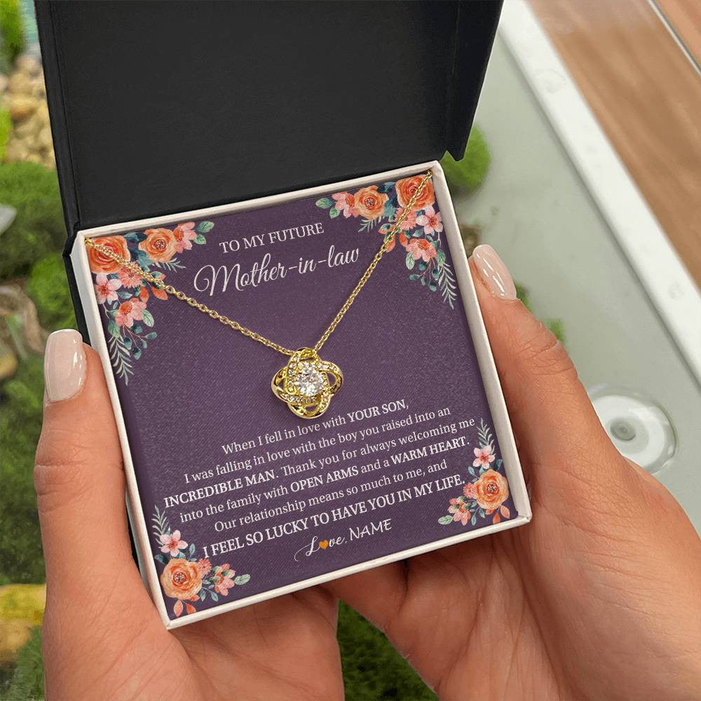 Love Knot Necklace 18K Yellow Gold Finish | 2 | Personalized To My Future Mother In Law Necklace Thank You Mother Of The Groom Boyfriend's Mom Wedding Day Birthday Christmas Jewelry Gift Box Message Card | teecentury