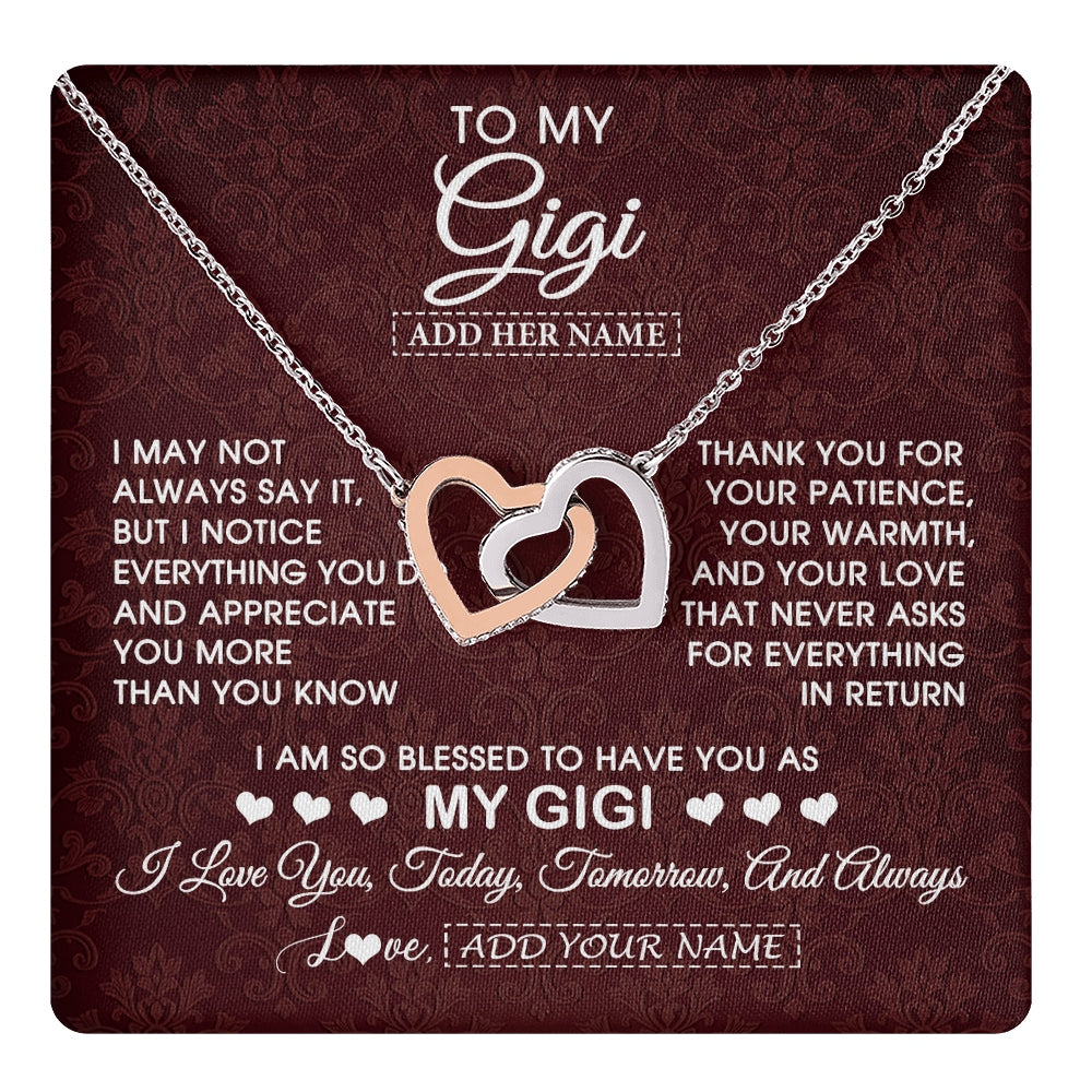 Interlocking Hearts Necklace Stainless Steel & Rose Gold Finish | 1 | Personalized To My Gigi Gifts From Granddaughter Necklace Meaningful Jewelry Pendant Gifts For Gigi Mothers Day Birthday Christmas Custom Gift Box Message Card | https://teecentury.