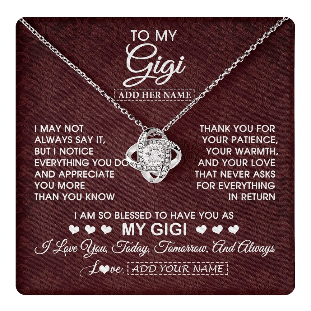 Love Knot Necklace 14K White Gold Finish | 1 | Personalized To My Gigi Gifts From Granddaughter Necklace Meaningful Jewelry Pendant Gifts For Gigi Mothers Day Birthday Christmas Custom Gift Box Message Card | https://teecentury.
