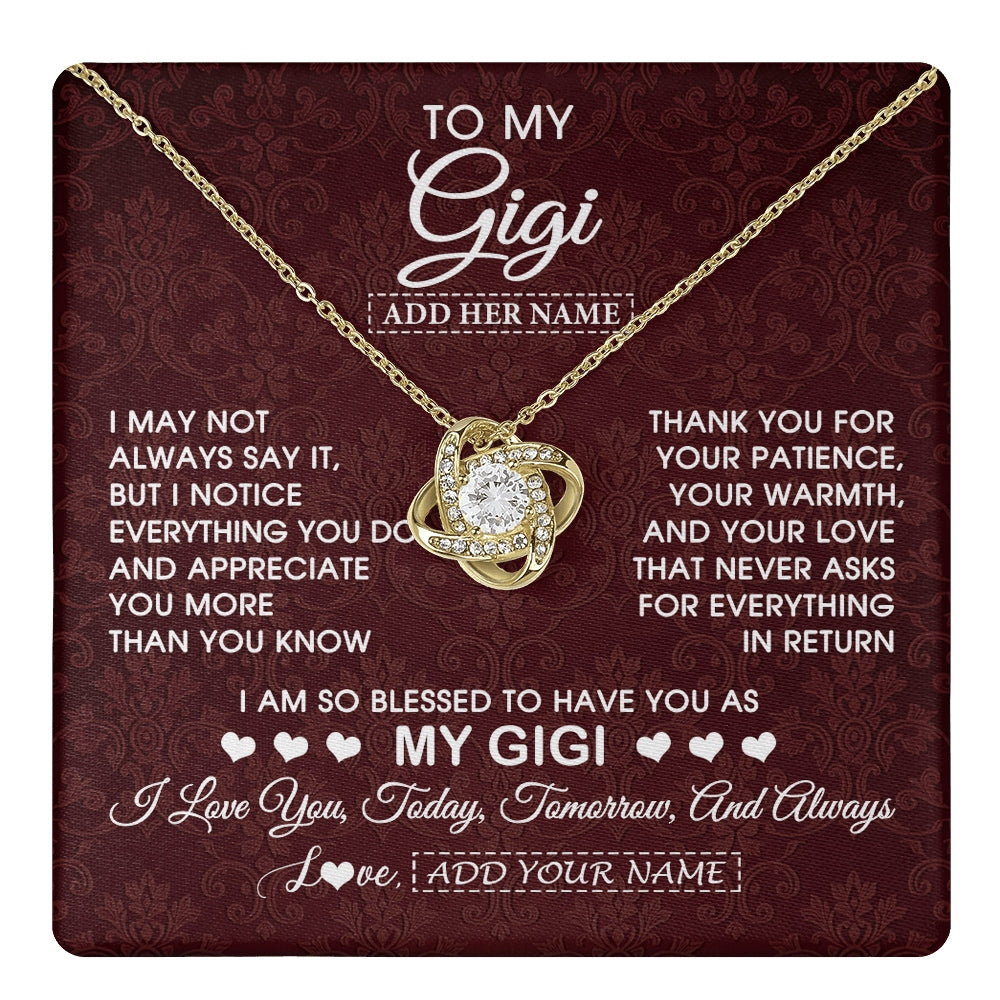 Love Knot Necklace 18K Yellow Gold Finish | 1 | Personalized To My Gigi Gifts From Granddaughter Necklace Meaningful Jewelry Pendant Gifts For Gigi Mothers Day Birthday Christmas Custom Gift Box Message Card | https://teecentury.