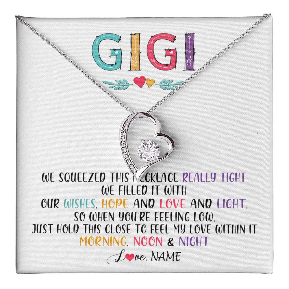Forever Love Necklace 14K White Gold Finish | 1 | Personalized To My Gigi Necklace From Grandkids Granddaughter We Squeezed This Necklace Gigi Birthday Mothers Day Christmas Customized Gift Box Message Card | teecentury
