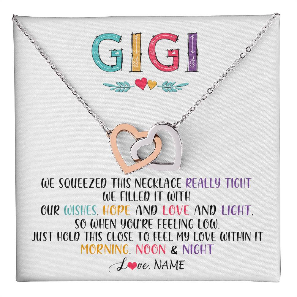 Interlocking Hearts Necklace Stainless Steel & Rose Gold Finish | 1 | Personalized To My Gigi Necklace From Grandkids Granddaughter We Squeezed This Necklace Gigi Birthday Mothers Day Christmas Customized Gift Box Message Card | teecentury