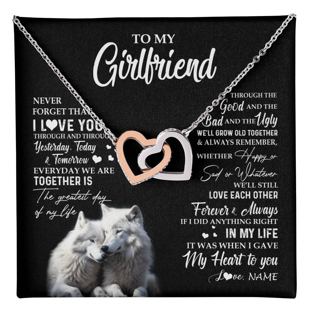 Interlocking Hearts Necklace Stainless Steel & Rose Gold Finish | 1 | Personalized To My Girlfriend Necklace From Boyfriend Wolf Never Forget That I Love You Girlfriend Birthday Christmas Customized Gift Box Message Card | teecentury