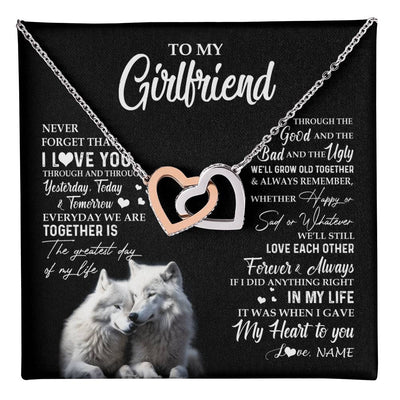 Interlocking Hearts Necklace Stainless Steel & Rose Gold Finish | 1 | Personalized To My Girlfriend Necklace From Boyfriend Wolf Never Forget That I Love You Girlfriend Birthday Christmas Customized Gift Box Message Card | teecentury