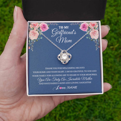 Love Knot Necklace 14K White Gold Finish | 2 | Personalized To My Girlfriend's Mom Necklace Thank You For Welcoming Me Stepmother Birthday Wedding Anniversary Christmas Customized Gift Box Message Card | teecentury