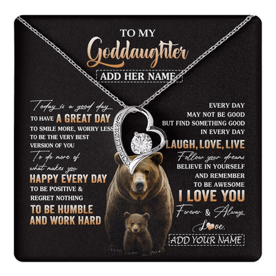 Forever Love Necklace 14K White Gold Finish | 1 | Personalized To My Goddaughter Bear Necklace From Godmother Uncle Every Day Laugh Love Live Goddaughter Birthday Gifts Christmas Custom Gift Box Message Card | https://teecentury.