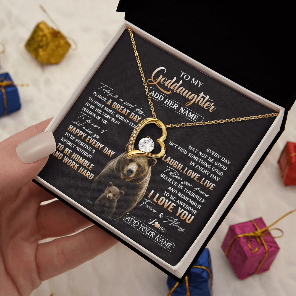 Forever Love Necklace 18K Yellow Gold Finish | 2 | Personalized To My Goddaughter Bear Necklace From Godmother Uncle Every Day Laugh Love Live Goddaughter Birthday Gifts Christmas Custom Gift Box Message Card | https://teecentury.