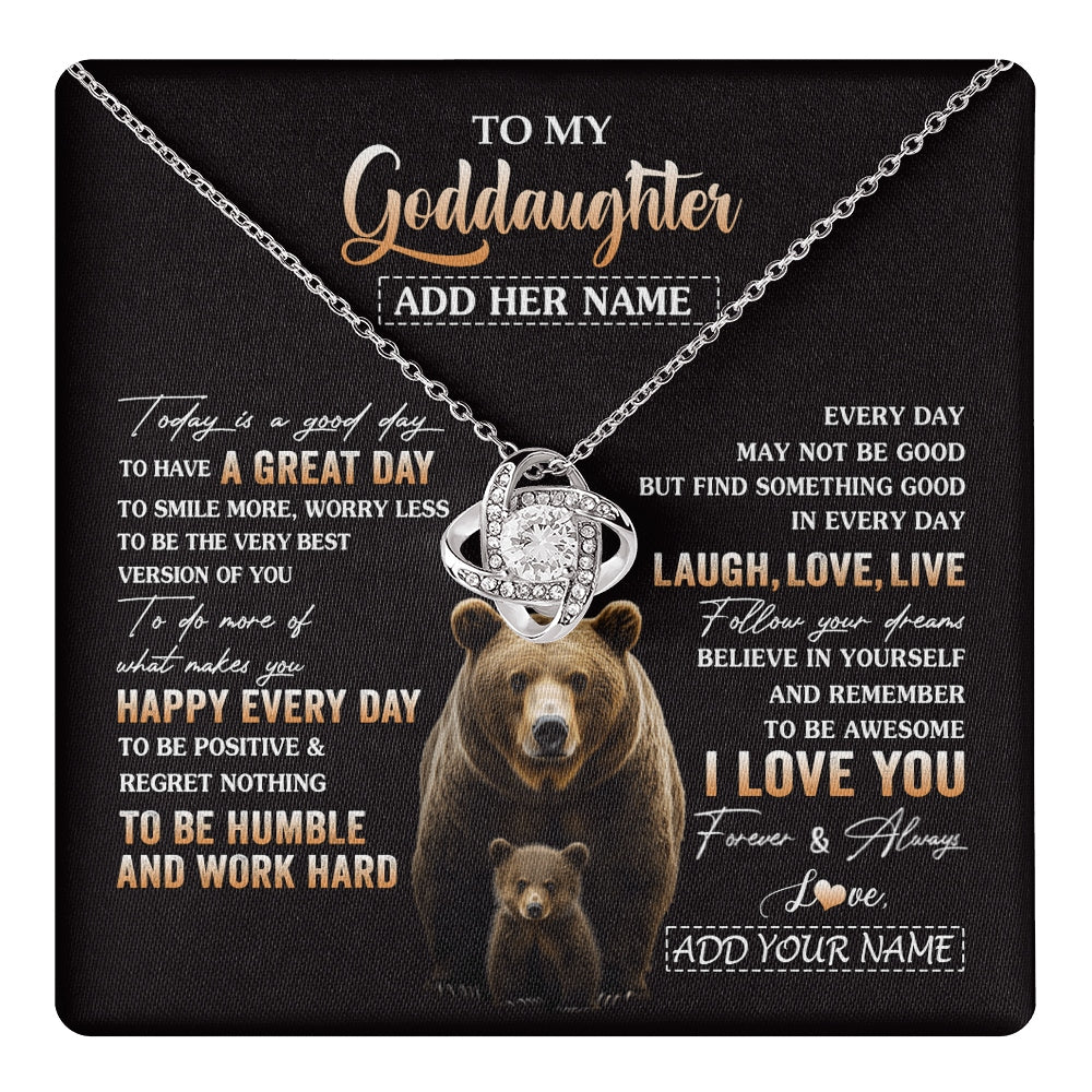 Love Knot Necklace 14K White Gold Finish | 1 | Personalized To My Goddaughter Bear Necklace From Godmother Uncle Every Day Laugh Love Live Goddaughter Birthday Gifts Christmas Custom Gift Box Message Card | https://teecentury.