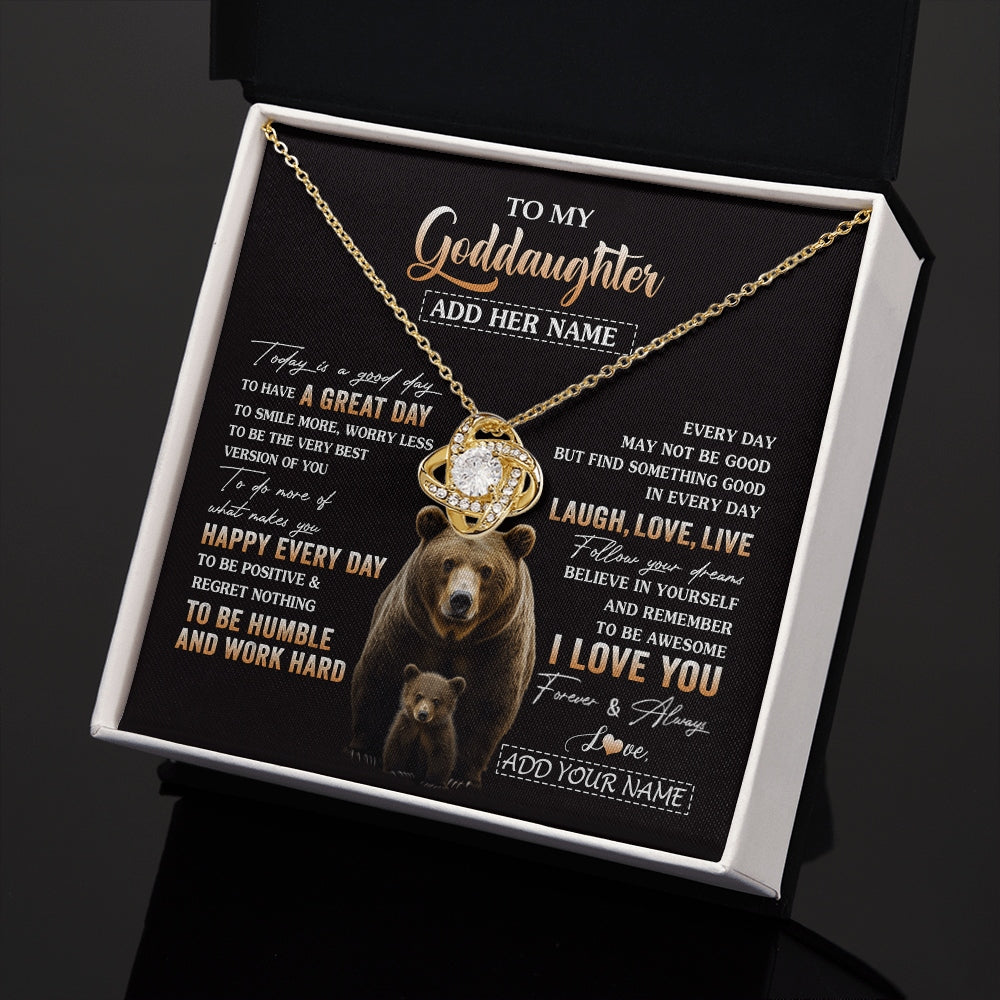 Love Knot Necklace 18K Yellow Gold Finish | 2 | Personalized To My Goddaughter Bear Necklace From Godmother Uncle Every Day Laugh Love Live Goddaughter Birthday Gifts Christmas Custom Gift Box Message Card | https://teecentury.
