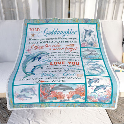 Personalized To My Goddaughter Blanket Dolphin From Godmother My Sunshine Baby Girl Goddaughter Birthday Christmas Gift Customized Bed Fleece Throw Blanket | teecentury