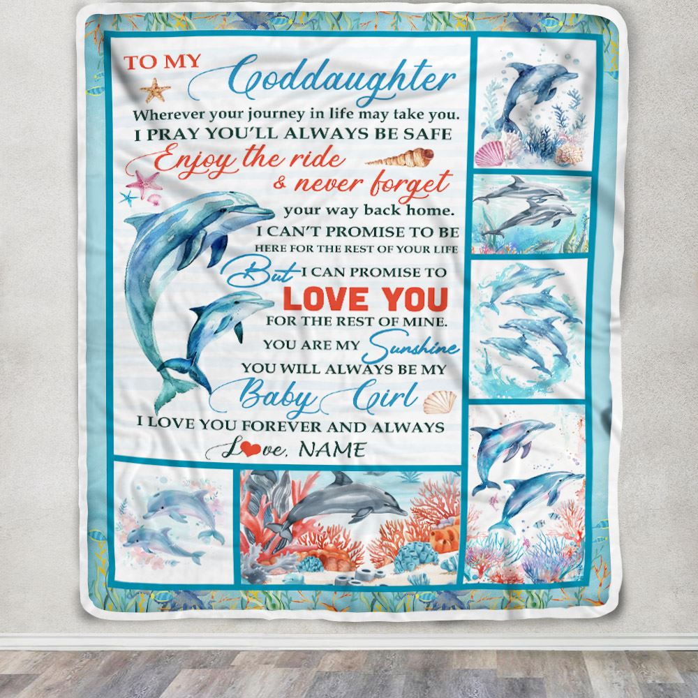 Personalized To My Goddaughter Blanket Dolphin From Godmother My Sunshine Baby Girl Goddaughter Birthday Christmas Gift Customized Bed Fleece Throw Blanket | teecentury