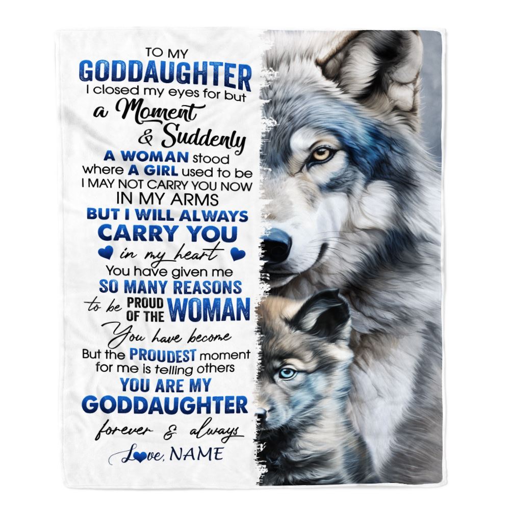 Personalized To My Goddaughter Blanket From Godmother Aunt I Close My Eyes For But A Moment Wolf Goddaughter Birthday Christmas Customized Gift Fleece Blanket | teecentury