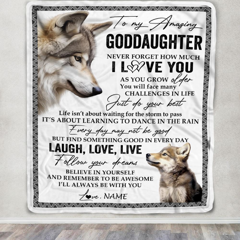 Personalized To My Goddaughter Blanket From Godmother Aunt Just Do You Best Laugh Love Live Wolf Godchild Birthday Christmas Customized Fleece Throw Blanket | teecentury