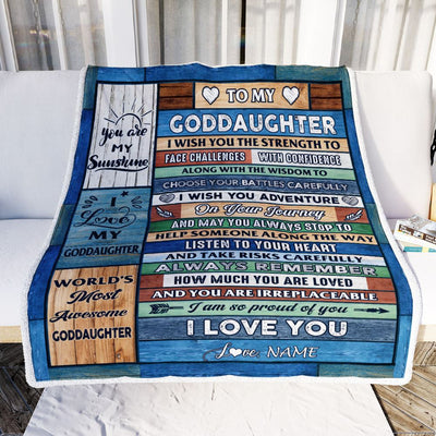 Personalized To My Goddaughter Blanket From Godmother Aunt Wood Remember To Be Awesome Goddaughter Birthday Christmas Customized Bed Fleece Blanket | teecentury