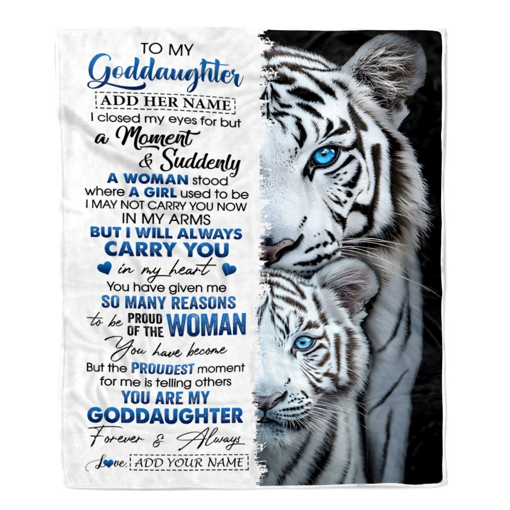 Personalized To My Goddaughter Blanket From Godmother Uncle I Close My Eyes White Tiger Goddaughter Birthday Gifts Graduation Christmas Fleece Throw Blanket | teecentury