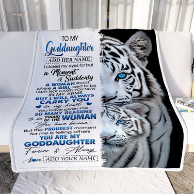Personalized To My Goddaughter Blanket From Godmother Uncle I Close My Eyes White Tiger Goddaughter Birthday Gifts Graduation Christmas Fleece Throw Blanket | teecentury