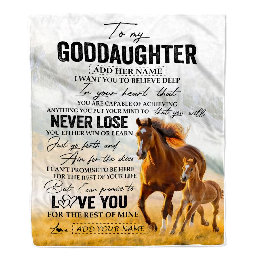 Personalized To My Goddaughter Blanket From Godmother Uncle You Will Never Lose Horse Goddaughter Birthday Gifts Christmas Customized Fleece Throw Blanket | teecentury