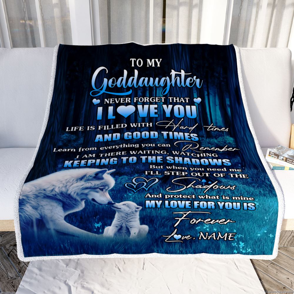 Personalized To My Goddaughter Blanket Wolf Never Forget That I Love You Moon Dark Forest Goddaughter Birthday Gifts Christmas Customized Fleece Blanket | teecentury