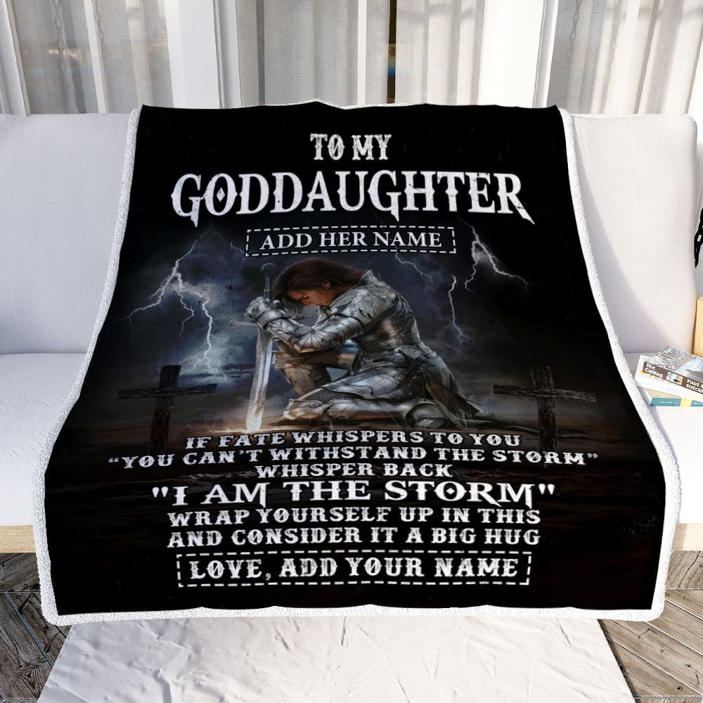 Personalized To My Goddaughter Blanket Women Warrior Knights Templar I Am The Storm Best Goddaughter Birthday Gifts Christmas Customized Fleece Blanket | teecentury