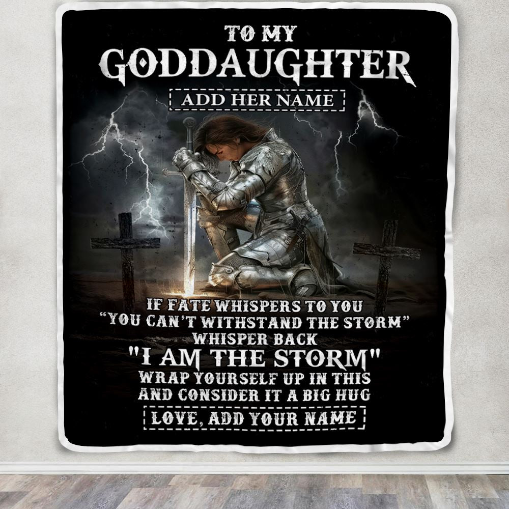 Personalized To My Goddaughter Blanket Women Warrior Knights Templar I Am The Storm Best Goddaughter Birthday Gifts Christmas Customized Fleece Blanket | teecentury