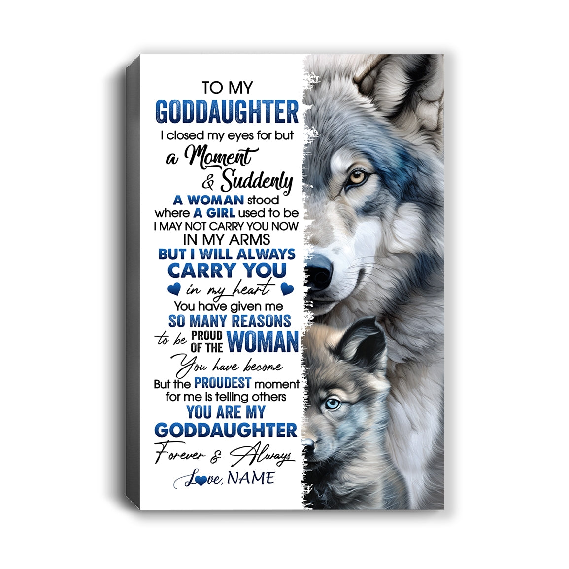 Personalized To My Goddaughter Canvas From Godmother Aunt I Close My Eyes For But A Moment Wolf Goddaughter Birthday Gifts Christmas Custom Wall Art Print Framed Canvas | teecentury