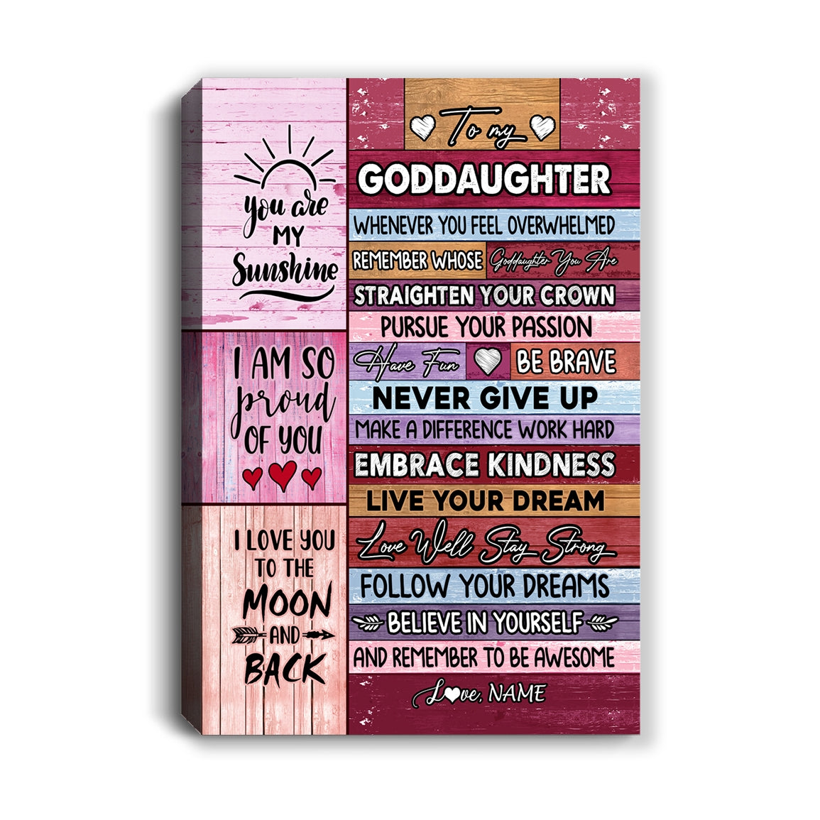Personalized To My Goddaughter Canvas From Godmother Believe In Yourself Awesome Pink Wood Goddaughter Birthday Graduation Christmas Custom Wall Art Print Framed Canvas | teecentury