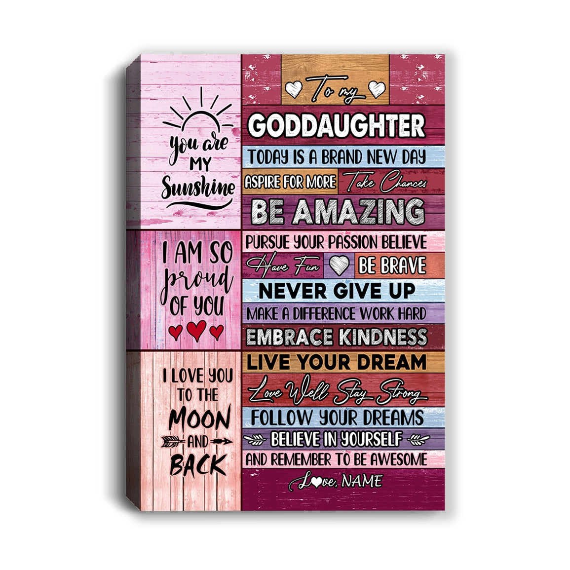 Personalized To My Goddaughter Canvas From Godmother Never Give Up Live Your Dream Pink Wood Goddaughter Birthday Christmas Custom Wall Art Print Home Decor Framed Canvas | teecentury