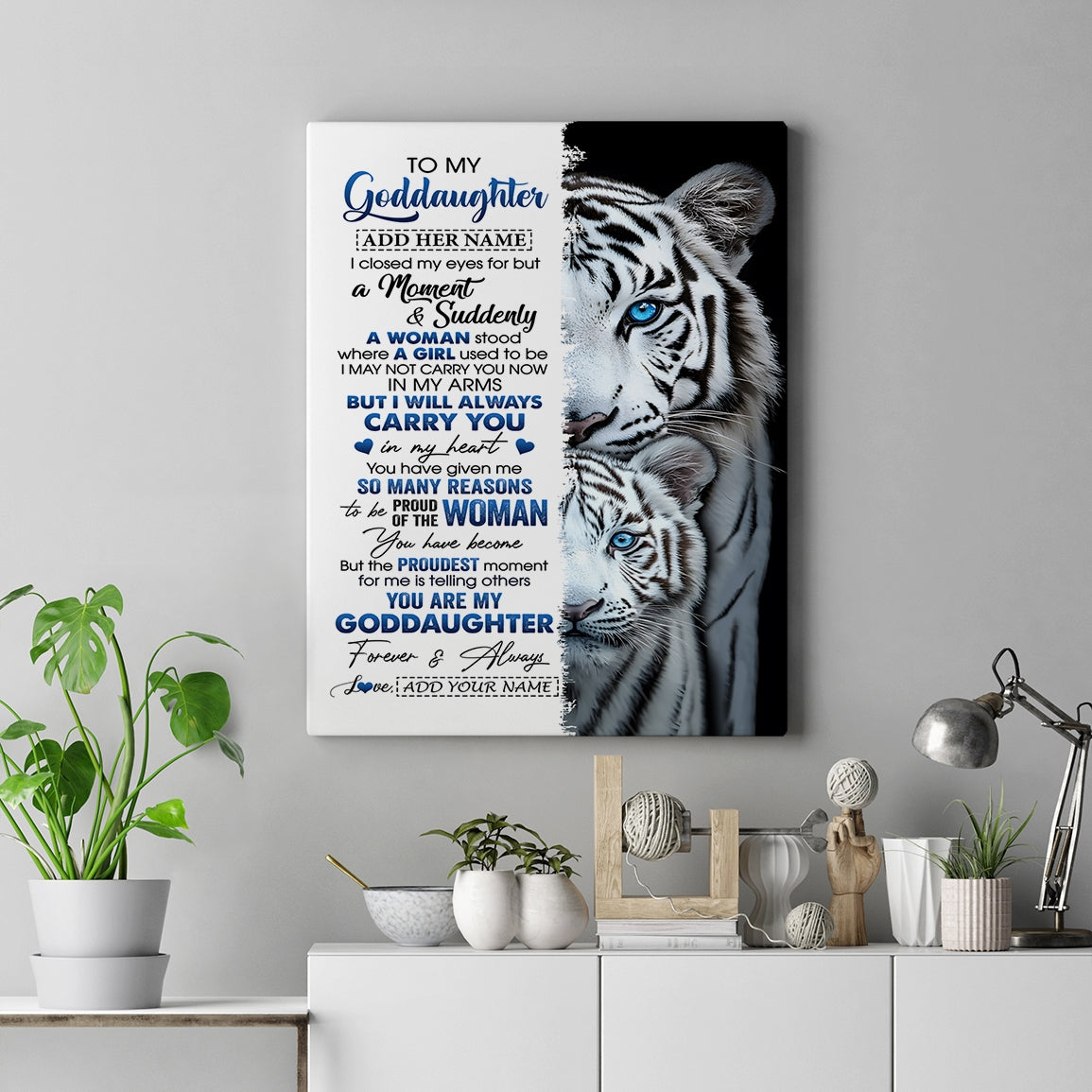 Personalized To My Goddaughter Canvas From Godmother Uncle I Close My Eyes White Tiger Goddaughter Birthday Gift Graduation Christmas Wall Display Framed Canvas | teecentury