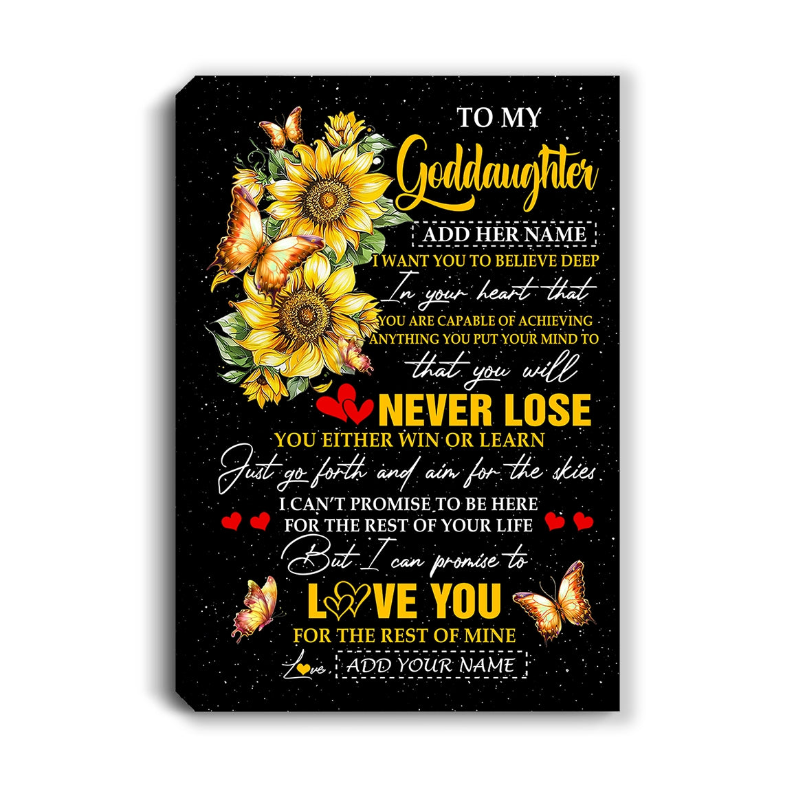 Personalized To My Goddaughter Canvas From Godmother Uncle You Will Never Lose Sunflower Goddaughter Birthday Gifts Christmas Custom Wall Art Print Framed Canvas | teecentury