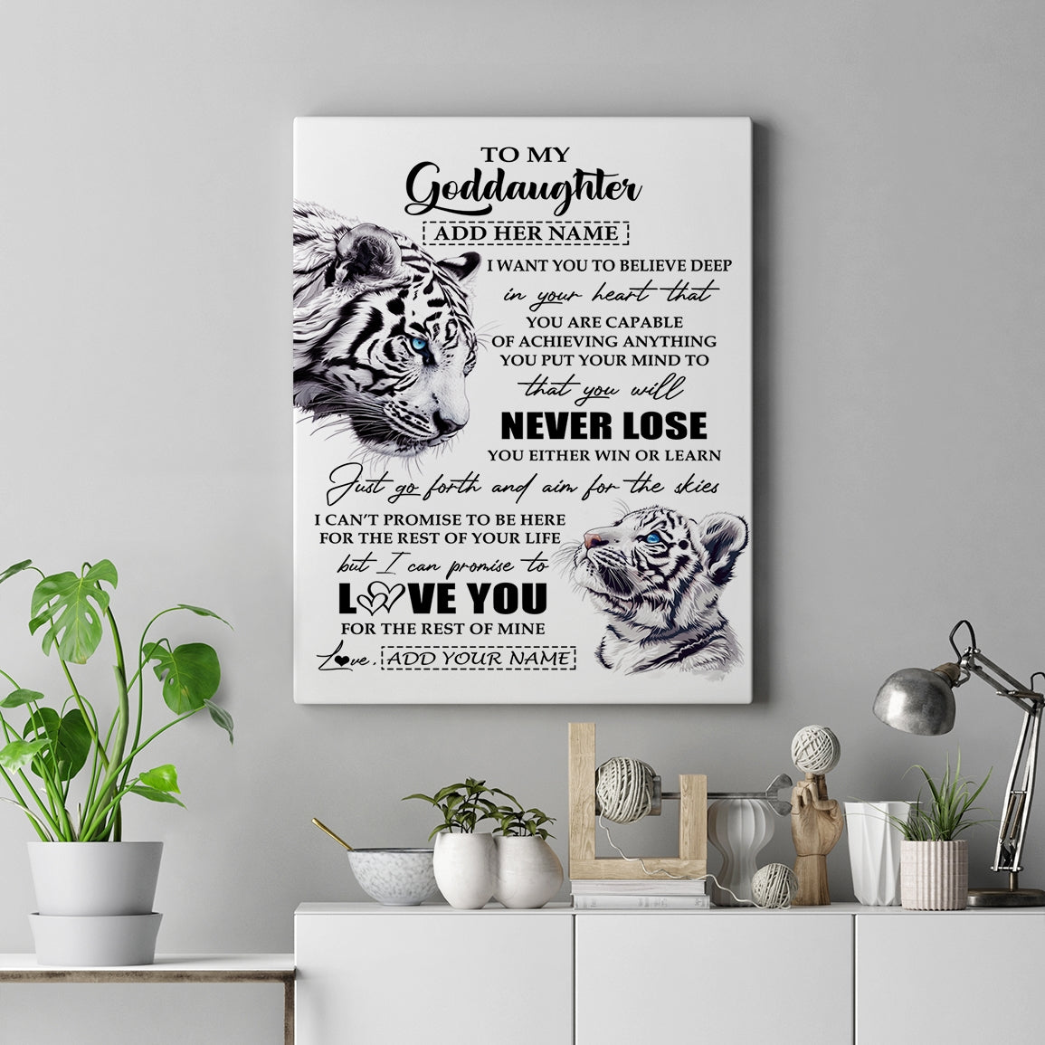 Personalized To My Goddaughter Canvas From Godmother Uncle You Will Never Lose White Tiger Goddaughter Birthday Gifts Christmas Custom Wall Art Print Framed Canvas | teecentury