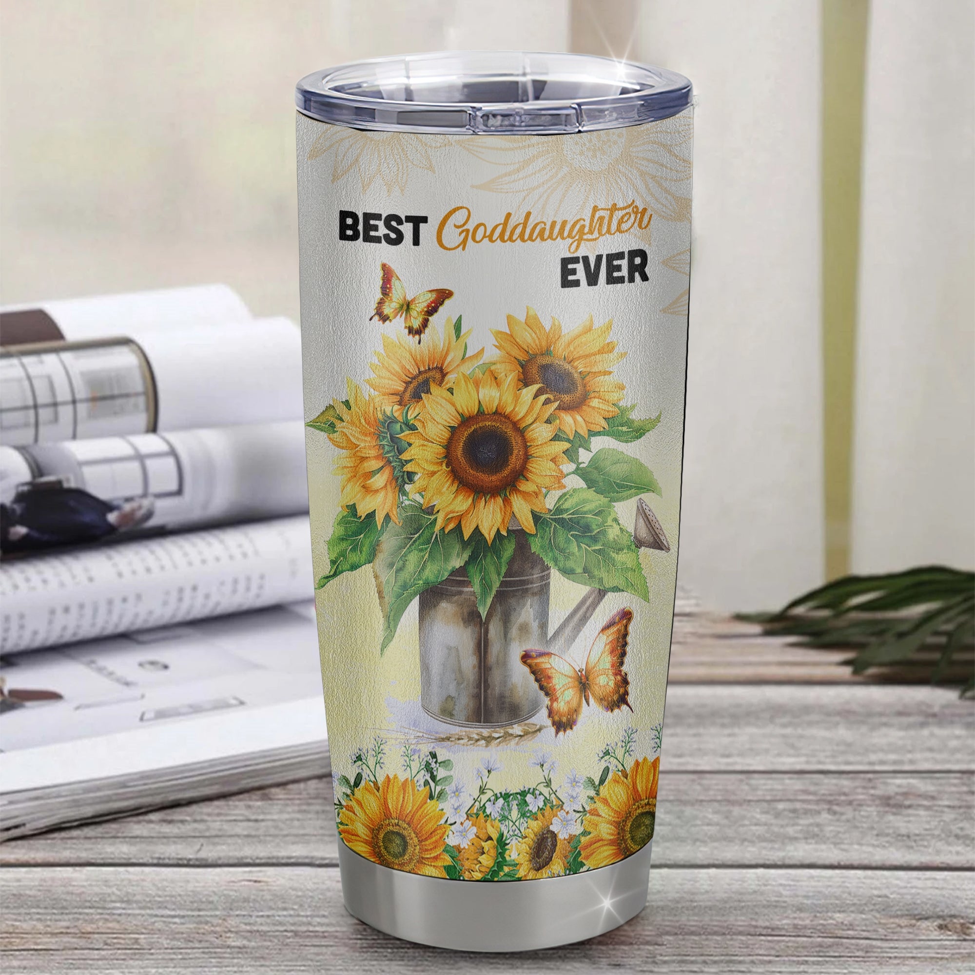 Personalized To My Goddaughter From Aunt Auntie Stainless Steel Tumbler Cup Laugh Love Live Butterfly Sunflower Goddaughter Birthday Graduation Christmas Travel Mug | teecentury