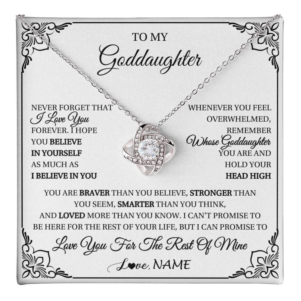 Love Knot Necklace 14K White Gold Finish | 1 | Personalized To My Goddaughter Gift Necklace From Godmother Uncle I Love You Believe In You Goddaughter Birthday Christmas Customized Gift Box Message Card | teecentury