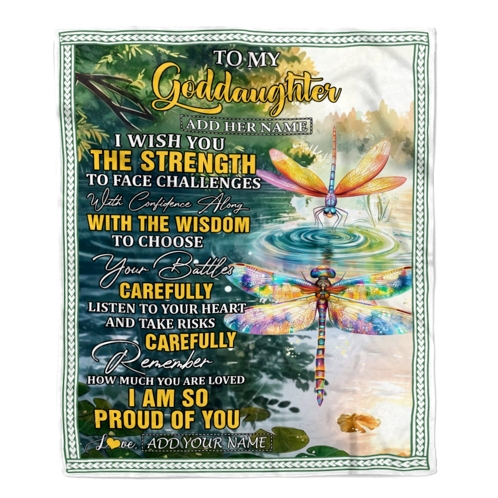 Personalized To My Goddaughter Gifts Blanket From Godmother Godfather I Wish You The Strength Dragonfly Goddaughter Birthday Gifts Christmas Fleece Blanket | teecentury