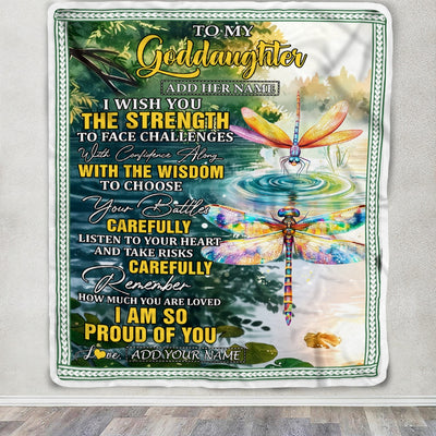 Personalized To My Goddaughter Gifts Blanket From Godmother Godfather I Wish You The Strength Dragonfly Goddaughter Birthday Gifts Christmas Fleece Blanket | teecentury