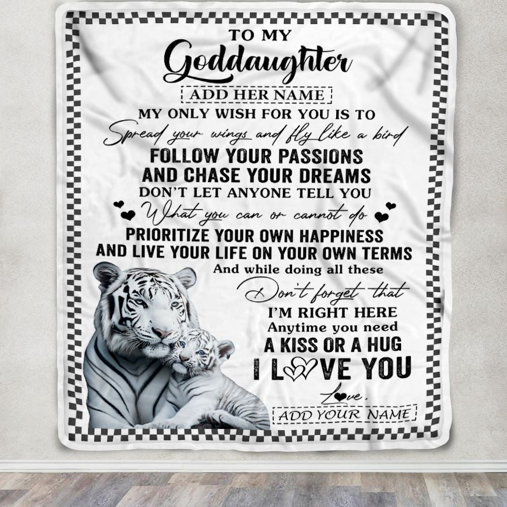 Personalized To My Goddaughter Gifts Blanket From Godmother White Tiger My Only Wish For You Goddaughter Birthday Gifts Graduation Christmas Fleece Blanket | teecentury