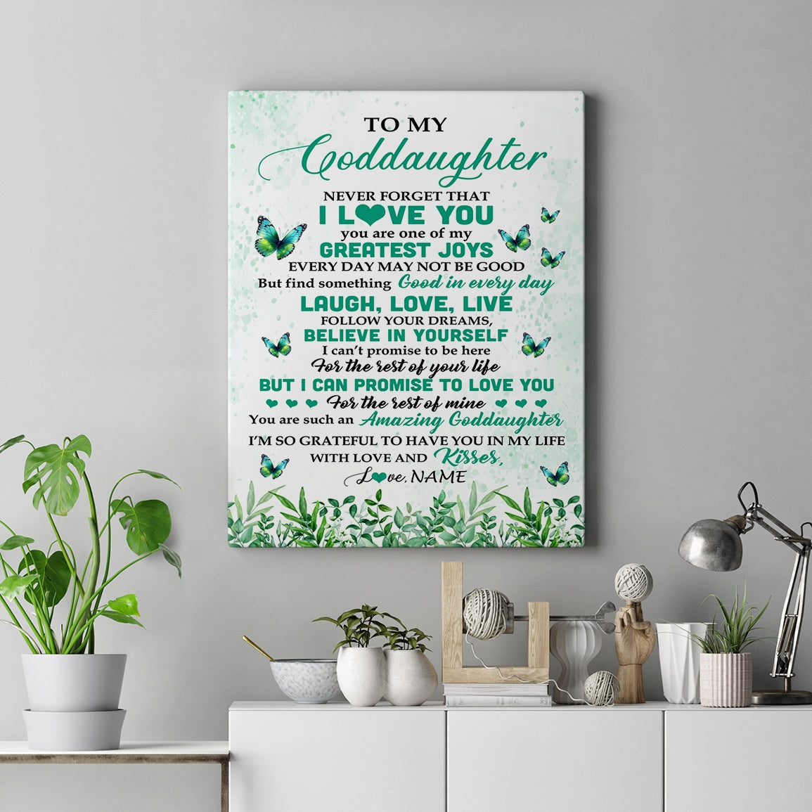 Personalized To My Goddaughter Gifts Canvas From Godfather Aunt Butterfly Laugh Love Live Birthday Motivational Quote Christmas Custom Wall Art Print Framed Canvas | teecentury