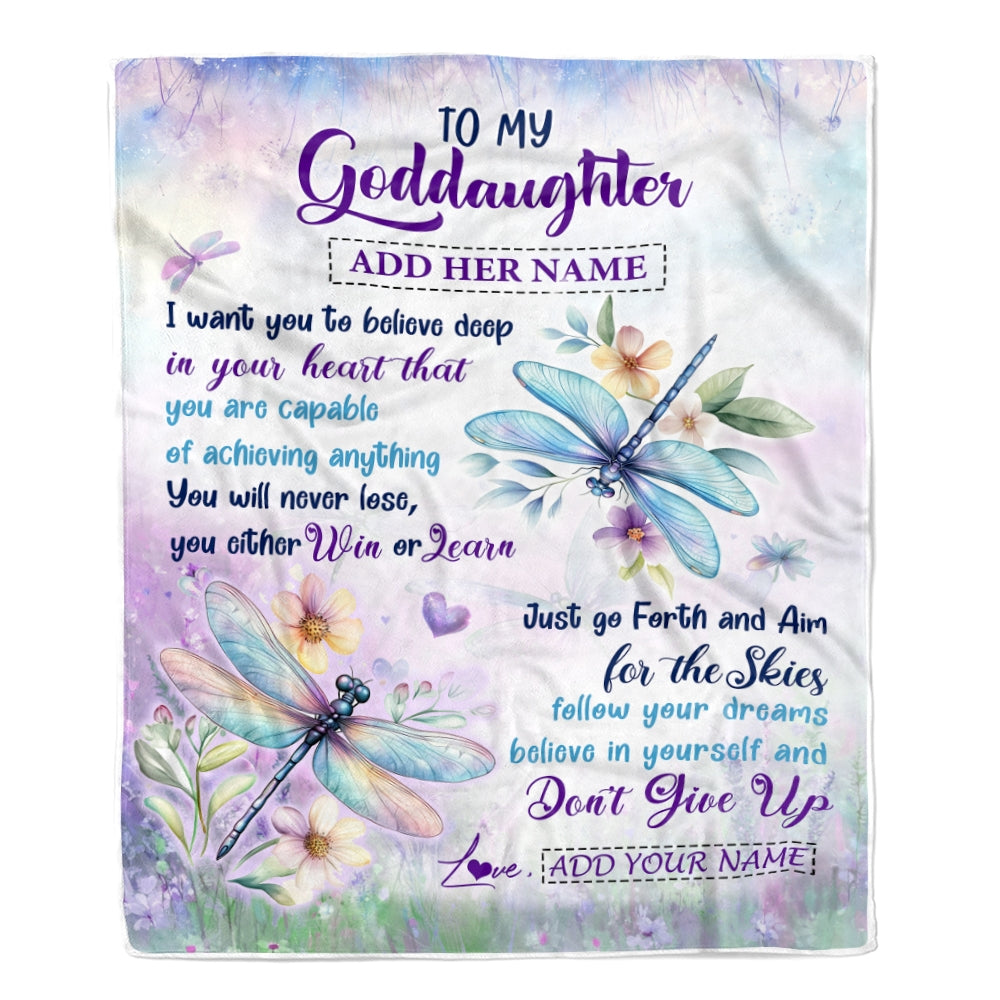 Personalized To My Goddaughter Gifts From Aunt Uncle Don't Give Up Dragonfly Gifts For Goddaughter Birthday Graduation Christmas Customized Fleece Blanket | teecentury