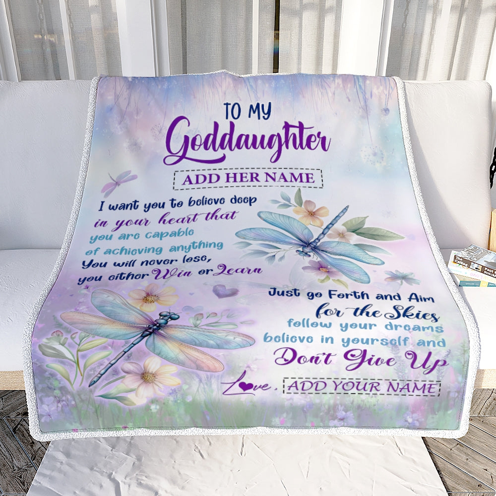 Personalized To My Goddaughter Gifts From Aunt Uncle Don't Give Up Dragonfly Gifts For Goddaughter Birthday Graduation Christmas Customized Fleece Blanket | teecentury