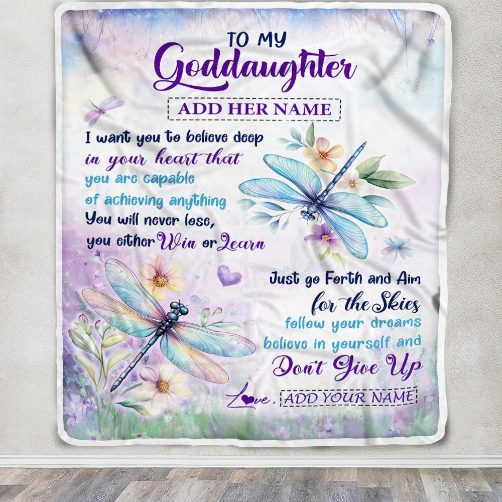 Personalized To My Goddaughter Gifts From Aunt Uncle Don't Give Up Dragonfly Gifts For Goddaughter Birthday Graduation Christmas Customized Fleece Blanket | teecentury