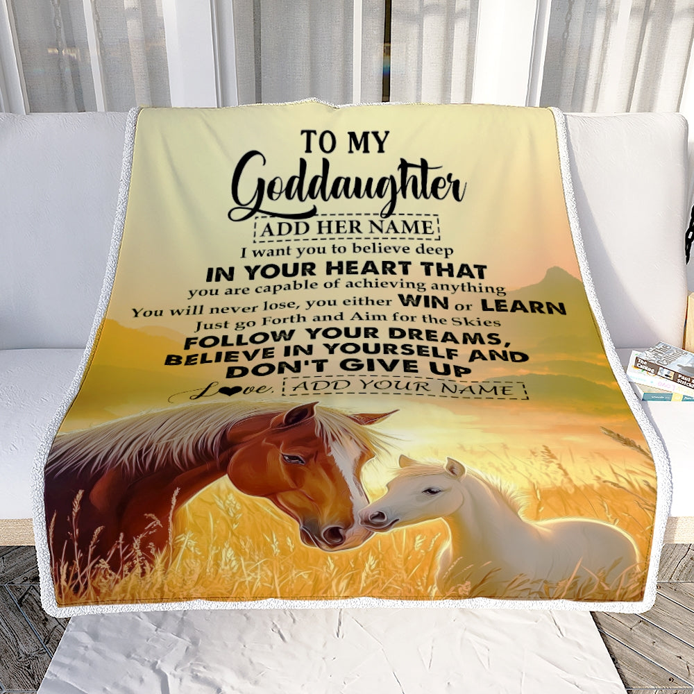 Personalized To My Goddaughter Gifts From Aunt Uncle Don't Give Up Horse Gifts For Goddaughter Birthday Graduation Christmas Customized Fleece Throw Blanket | teecentury
