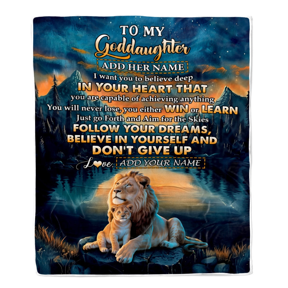 Personalized To My Goddaughter Gifts From Aunt Uncle Don't Give Up Lion Gifts For Goddaughter Birthday Graduation Christmas Customized Fleece Throw Blanket | teecentury