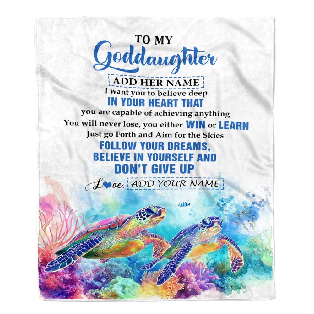 Personalized To My Goddaughter Gifts From Aunt Uncle Don't Give Up Turtle Gifts For Goddaughter Birthday Graduation Christmas Customized Fleece Throw Blanket | teecentury