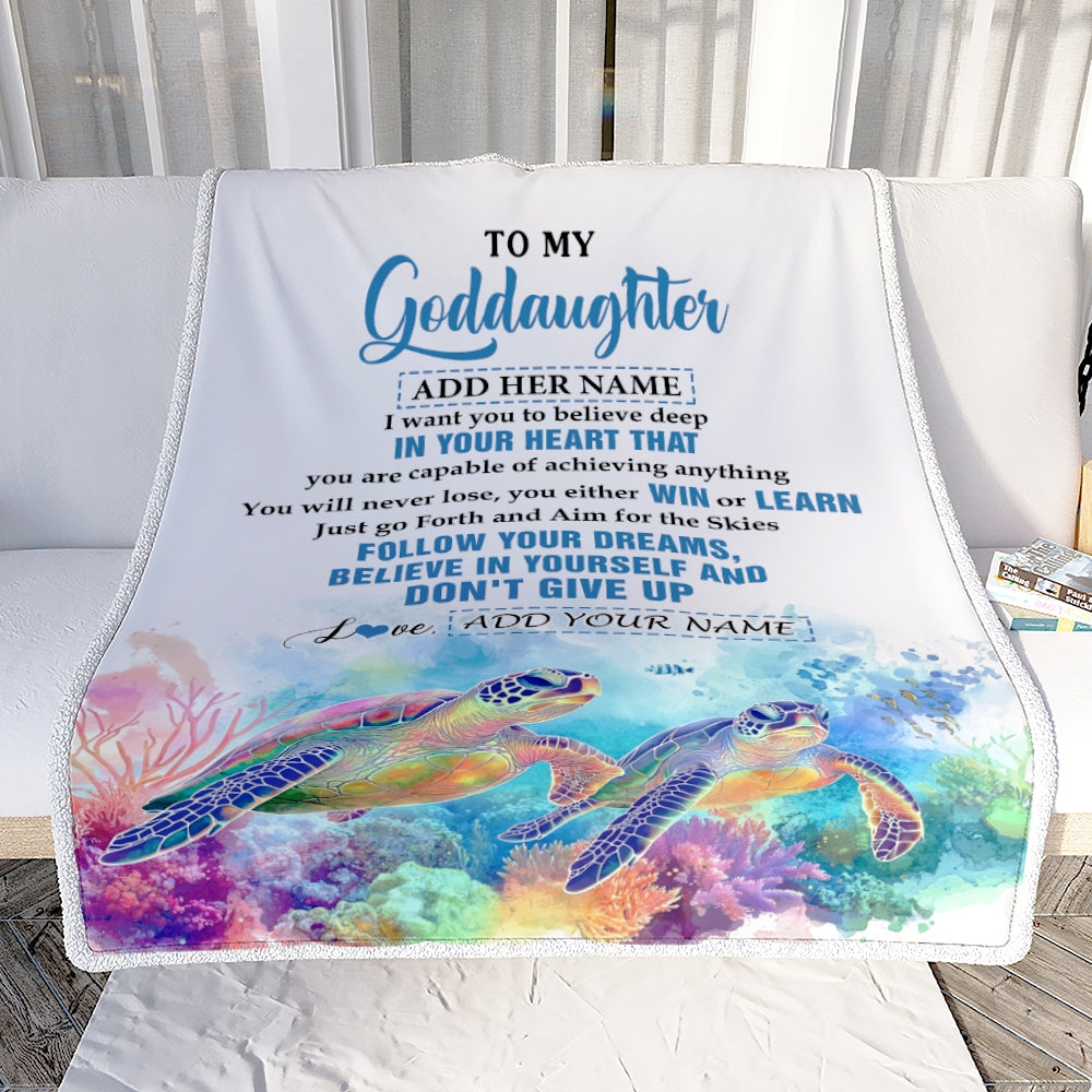 Personalized To My Goddaughter Gifts From Aunt Uncle Don't Give Up Turtle Gifts For Goddaughter Birthday Graduation Christmas Customized Fleece Throw Blanket | teecentury